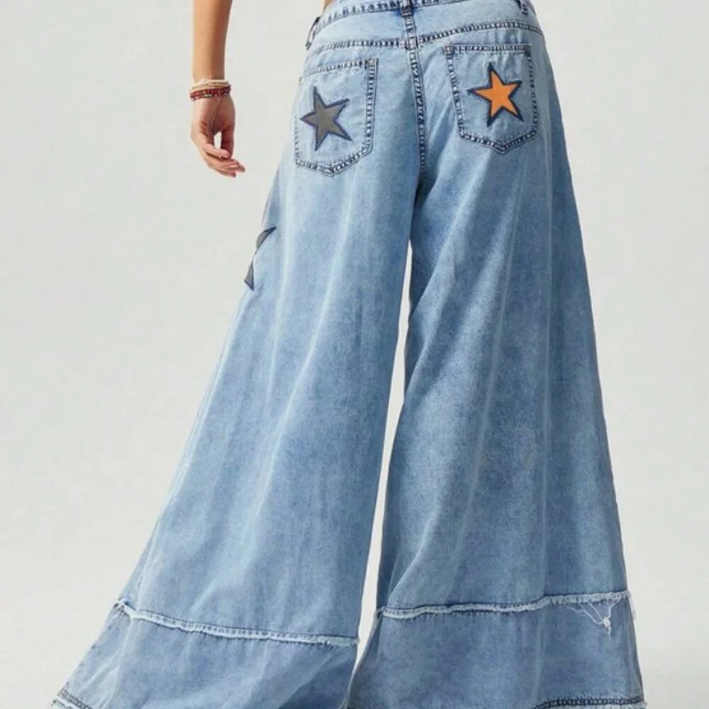 Super Wide Leg Star Patch BOHO Jeans  Size 8 - Picture 3 of 6